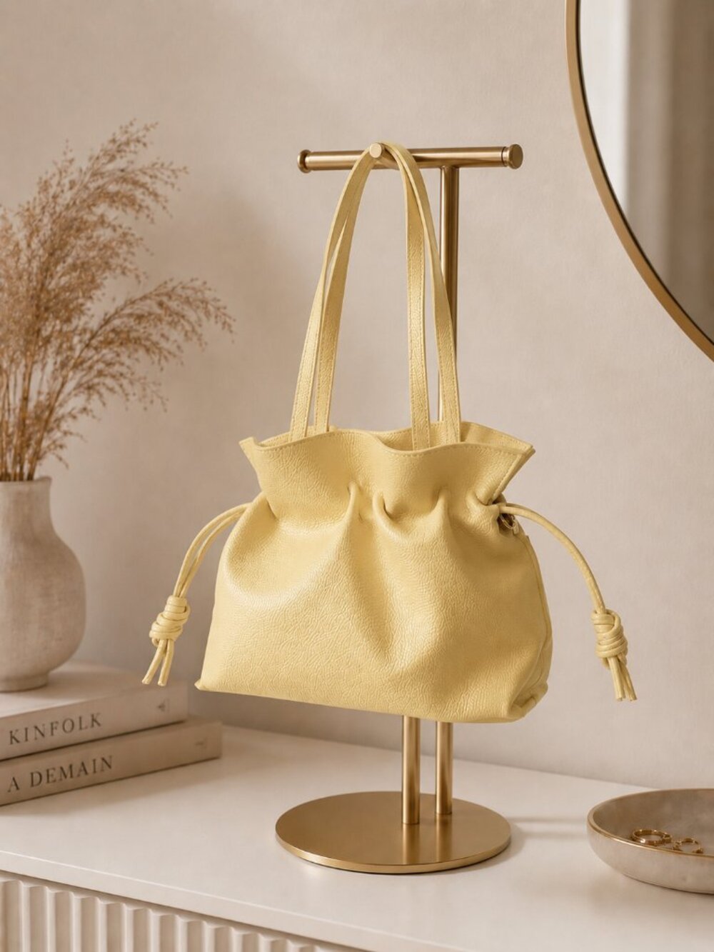 Italian Leather Bucket Bag, Buttercream Yellow Pebbled Drawstring Tote